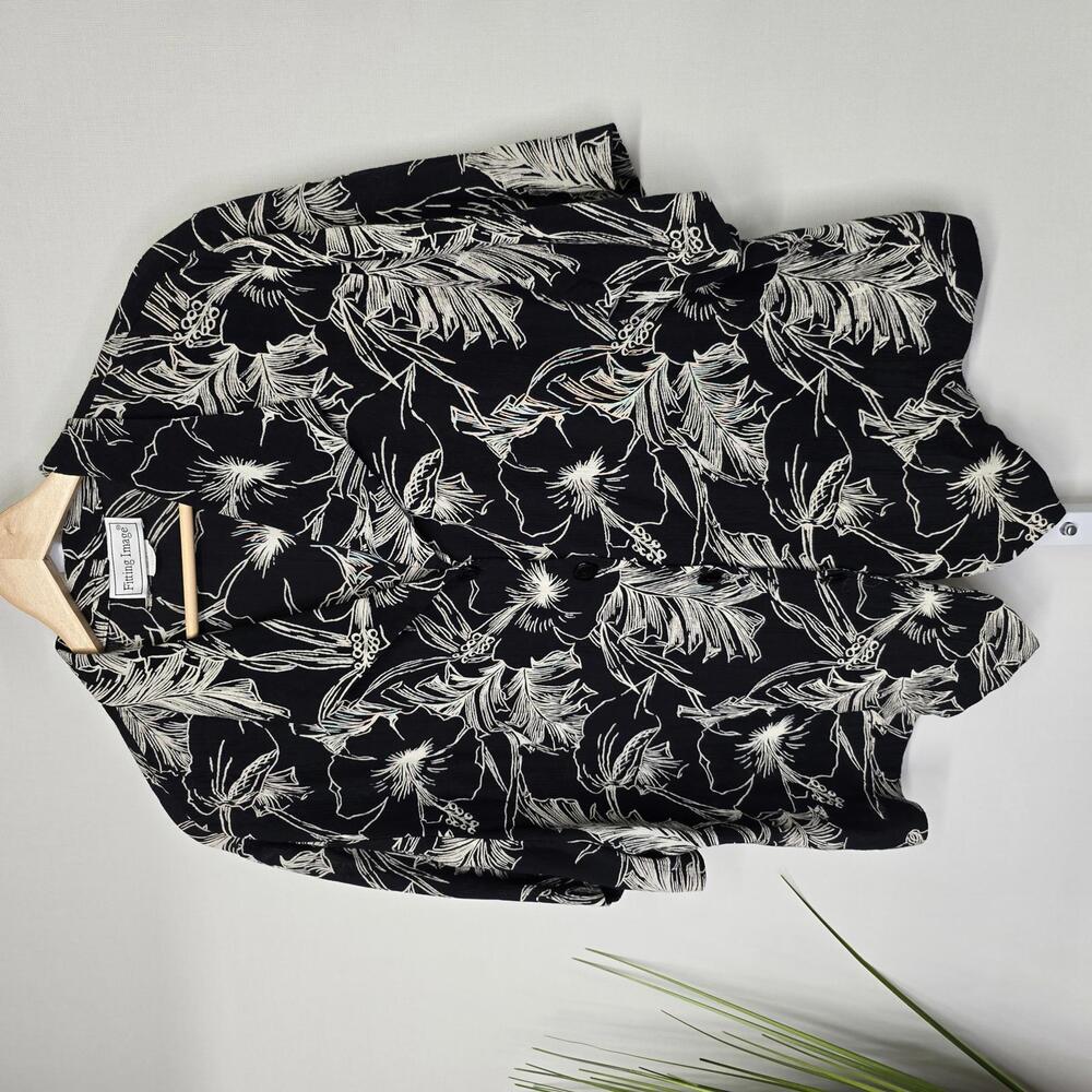 Fitting Image Vintage 90s Floral Rayon Button Down Shirt Black White Size 14/16